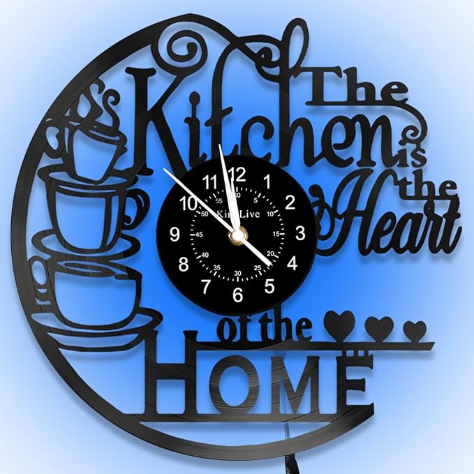 KingLive Kitchen Wall Clock with 7 Colors LED Light, Vintage Style Coffee Theme, Kitchen Coffee Bar Vinyl Record Decor