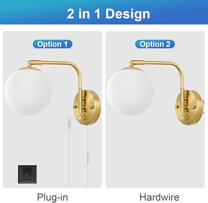 Wall Sconces Plug in, Dimmable Swing Arm Wall Lights with Plug in Cord and Dimmer On/Off Knob Switch, Dimmable Wall Light with Milky White Glass Globe Shade(1 Bulb Included)