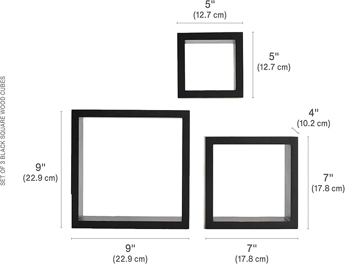 MELANNCO Floating Wall Square Cube Shelves for Bedroom, Living Room, Bathroom, Kitchen - Wood, Set of 3, Black, 5007043