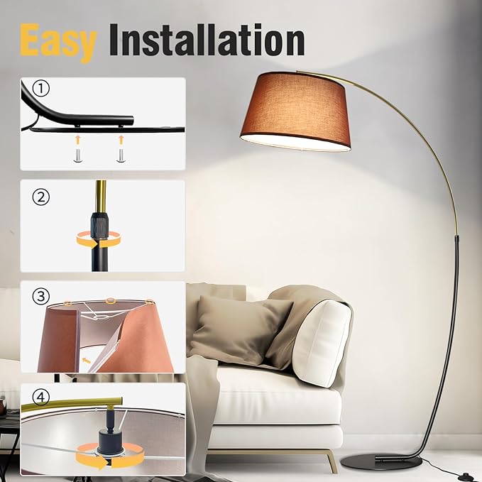 Arc Floor Lamp,74" Tall Floor Lamps,Vintage Floor Lamp Gold & Black Arched Pole Design,15W Dimmable RGB Bulb(LED) Included