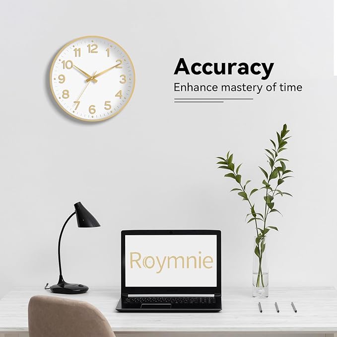 Wall Clock, 10 Inch Silent Wall Clocks Battery Operated-Modern Non Ticking Analog Clock Decorative for Kitchen Bedroom Office Bathroom(White Gold)