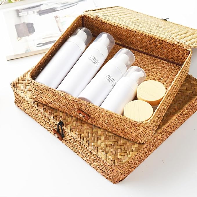 Seagrass Storage Baskets with Lid, Flat Wicker Basket, Rattan Storage Bins, Shallow Woven Basket for Shlef, Decorative Storage Boxes for Organizing