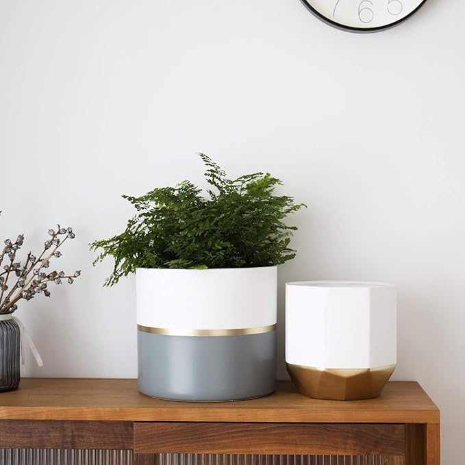 LA JOLIE MUSE Large White Ceramic Plant Pots - Garden Planters 10 + 8.1 Inch Indoor Flower Pots, Plant Containers with Gold and Grey Detailing
