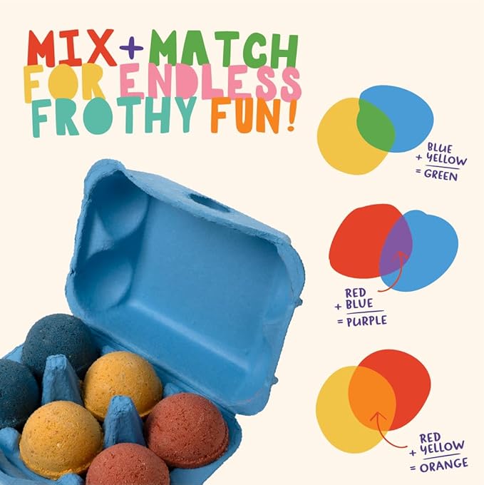 Pacha Soap Co. Kids Color Mixing Bath Bomb, 2-Pack - Safely Colors Bath Water, Kids Love Them, Plant-Based, Non-Toxic, No Animal Testing, Vitamin Rich, Endless Frothy Fun, Mix & Match