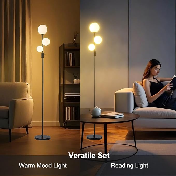Fiqevs Upgraded Dimmable 3 Globe Mid Century Modern Floor Lamp, 3 x 800LM LED Bulbs Included, Matt Black Standing Lamp with Sphere Glass Shade, Vintage Tall Lamp for Living Room, Bedroom Office