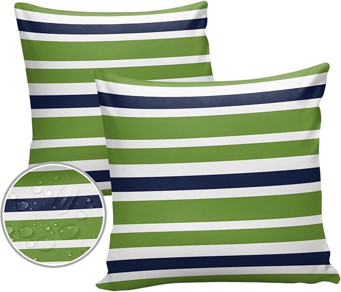 Outdoor Waterproof Throw Pillow Covers Set of 2 Navy Blue Green Stripes Decorative Outdoor Pillows Cushion Case 24x24 Inch Classic Striped Patio Pillows for Couch Sofa Bed Garden Office Home Decor