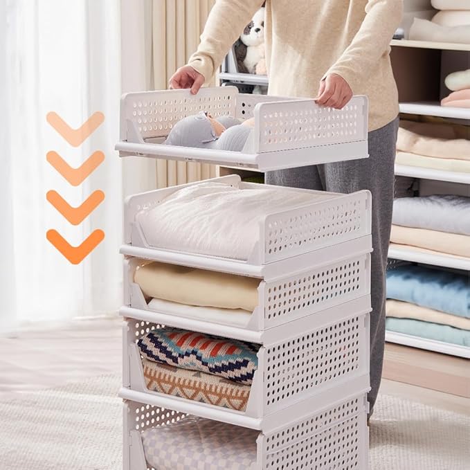 yazi 3 Pack XL Folding Closet Organizers Storage Box, Stackable Closet Storage Box, XL Plastic Drawer Organizer, 3XL Stackable Storage Bins Storage Drawers for Clothing, Closet Shelf Organizer