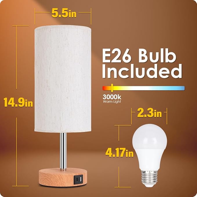 Yarra-Decor Bedside Lamp with USB A+C Charging Ports Set of Two - Touch Control Table Lamp for Wood 3 Way Dimmable Nightstand Lamp with Round Flaxen Fabric Shade (LED Bulb Included) (Y4-2 Pack)