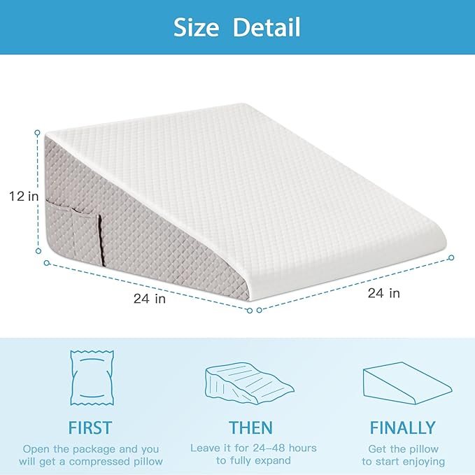 Wedge Pillow for Back Pain Relief, Bed Wedge Pillow for Sleeping, 24×24×12 Inch Memory Foam Anti Snore Pillow, Triangle Pillow Wedge for Sleeping Acid Reflux, Gerd, Elevated Pillow White/Grey