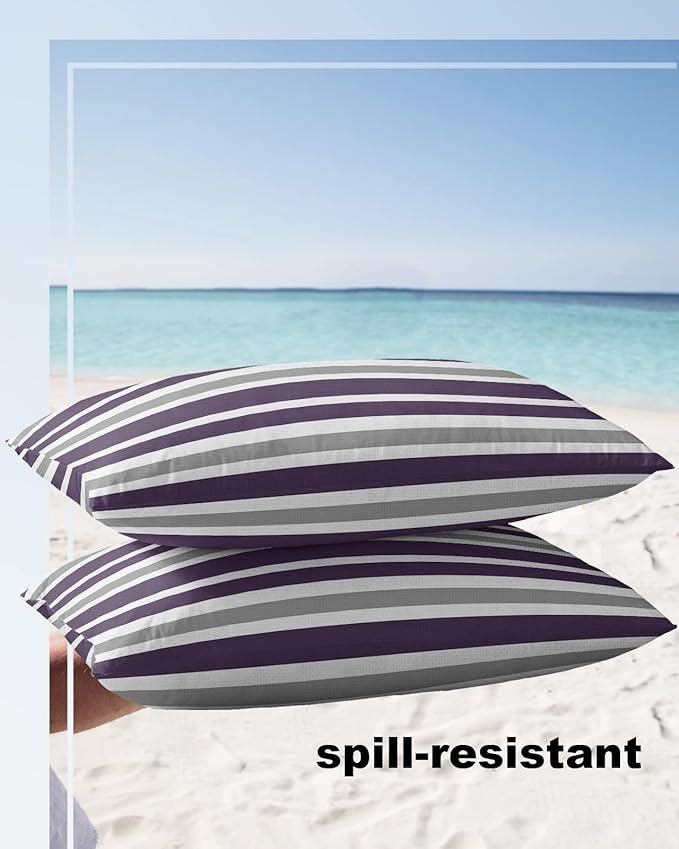 Outdoor Waterproof Lumbar Throw Pillow Covers Set of 2 Grey Purple Stripes Decorative Outdoor Pillows Cushion Case 20x12 Inch Classic Striped Patio Pillows for Couch Sofa Bed Garden Home Decor