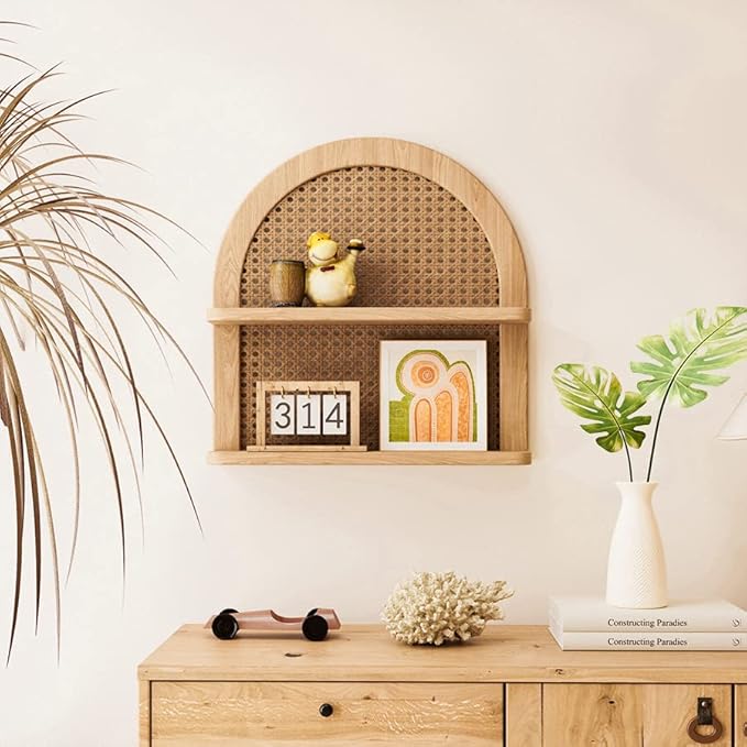 2 Tier Fan-shaped Rattan Wall Shelf, Nursery Shelf for Wall Storage, Natural Pine Wood Wicker Wall Shelf, Boho Shelf for Netural Nursery Decor, Decorative Shelf for Living Room, Bedroom & Bathroom