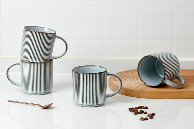 famiware Coffee Mug Set for 4, Star 12 oz Catering Mugs Cup Set with Handle for Coffee, Tea, Cocoa, Milk - Ceramic Stoneware Drinkware Set, Smoky Blue