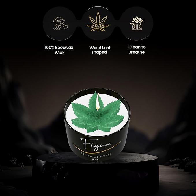 All Natural Scented Candle for Cannabis Lovers | Hand-Poured | Aromatherapy | Beeswax & Organic Soy Wax Blend | Essential Oils | 100% Beeswax Wick | Premium Gift Box Included | Weed Leaf Eualyptus