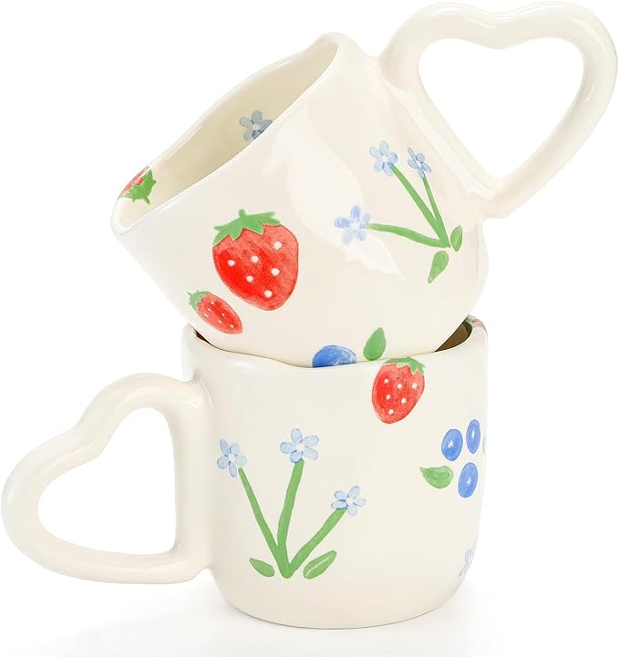 2 Pack Ceramic Coffee Mug, 10 Oz Cute Hot Chocolate Mugs with Heart Shaped Handle, Handmade Aesthetic Latte Cup for Women Girls, Tea Milk Cup Microwave Safe for Cocoa, Gift, Strawberry Floral