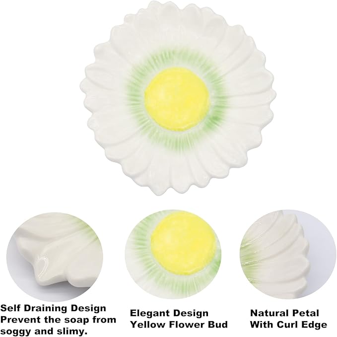 Self Draining Soap Dish Inspired by Daisy Flower Ceramic Waterfall Soap Dish Soap Savers for Bathroom,Shower,Bar Counter