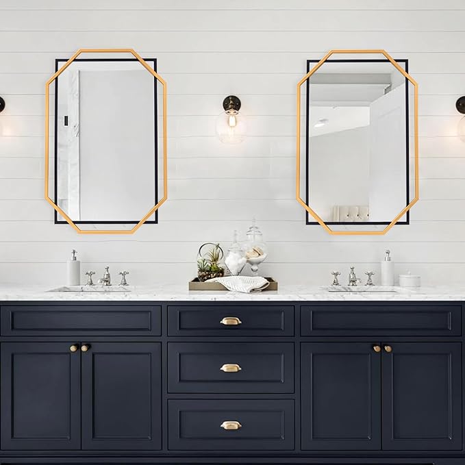 Decorative Wall Mirror, Black and Gold Bathroom Mirror for Wall with Modern Octagonal Metal Frame, for Living Room, Dining Room, Entryway (36" x 24")