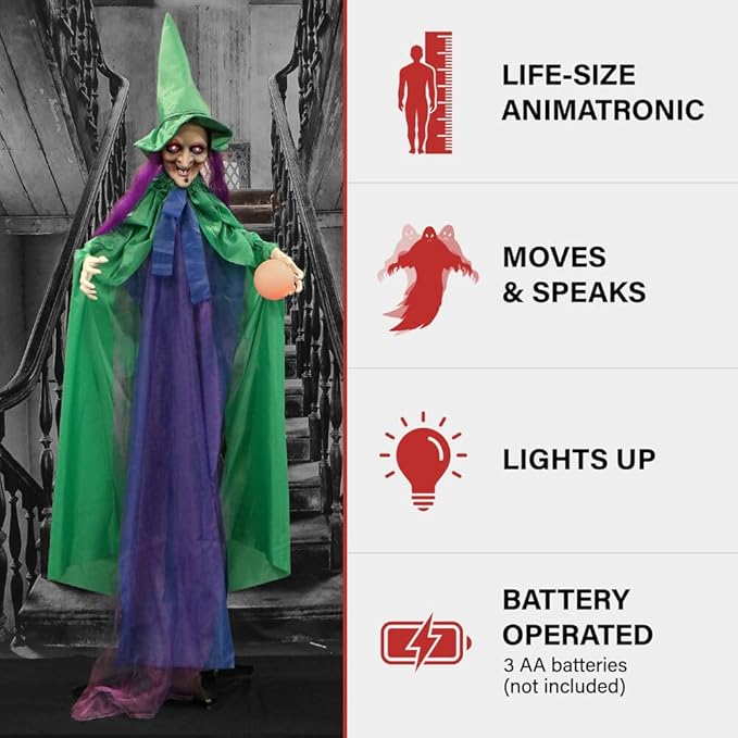 Haunted Hill Farm Talking Fortune Teller Witch Halloween Animatronic with Movement and Light-Up Crystal Ball for Scary Indoor or Covered Outdoor Halloween Decorations, Battery Operated Halloween Props