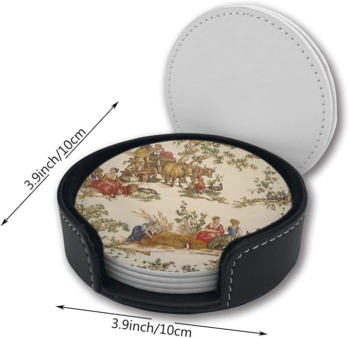 Vintage French Country Print Coasters for Drinks with Holder Leather Coasters Set of 6 Table Decor Protect Furniture from Water Marks Scratch and Damage