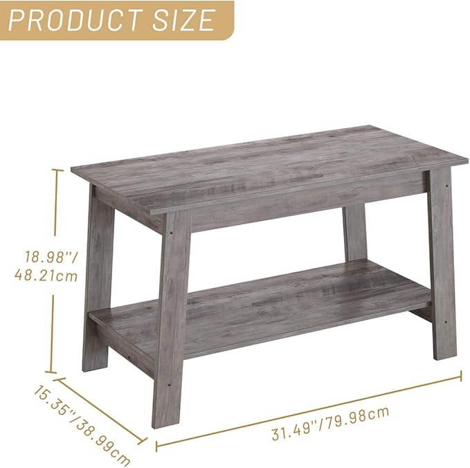 2-Tie Coffee Table, Rustic Wood Living Room Tables with Open Rectangular Storage Compartment, Coffee Tables for Living Room, Outdoors, Home Office, Bedroom, Grey