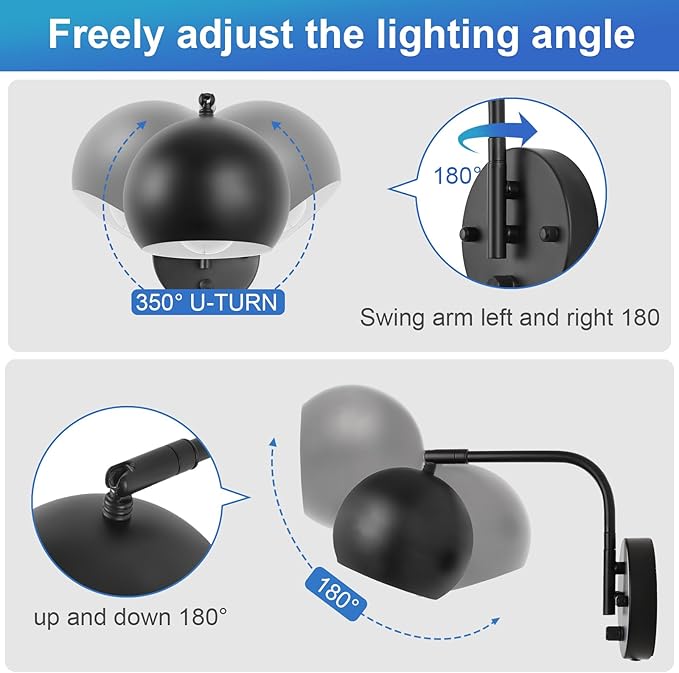 Dimmable Wall Sconces Set of 2, Plug in Wall Sconces Swing Arm Wall Lights with Plug in Cord and Dimmer On/Off Knob Switch, Black Globe Wall Light for Bedside Bedroom Bathroom(2 Bulbs Included)