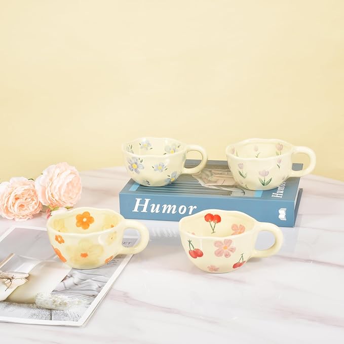 Koythin 4-Piece Ceramic Coffee Mugs, Creative Flower Mug for Office and Home, 8.5 oz/250 ml for Latte Tea Milk (Blue Flower, Orange Flower, Pink Cherry, Purple Tulip)