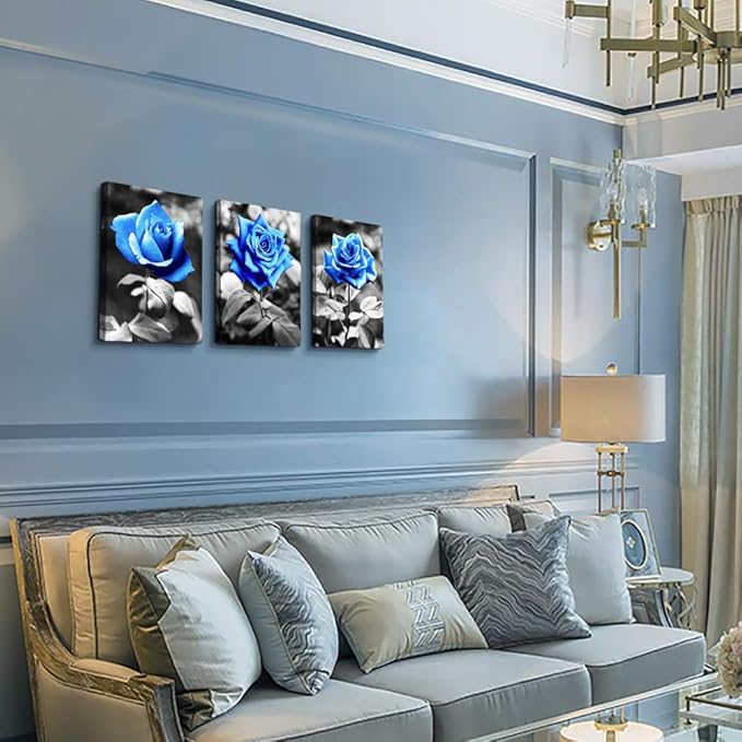 Bedroom Wall Art For Living Room Bathroom Wall Decor For Kitchen Family Pictures Artwork Black And White Blue Rose Flowers Canvas Paintings 12" X 16" 3 Pieces Framed Modern Office Home Decorations