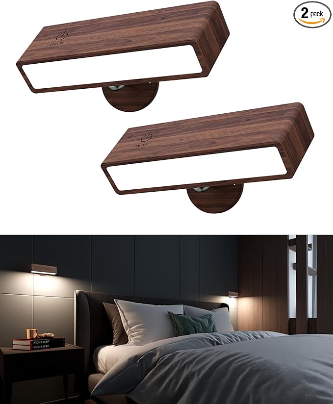 YiLaie Wall Sconces Battery Operated Set of 2,Rechargeable Wall Sconce for Bedroom,Wireless Wall Lights Dimmable,Wood Wall Lights with 360 Rotation,Peel and Stick Wall Sconces for Bedroom Bedside