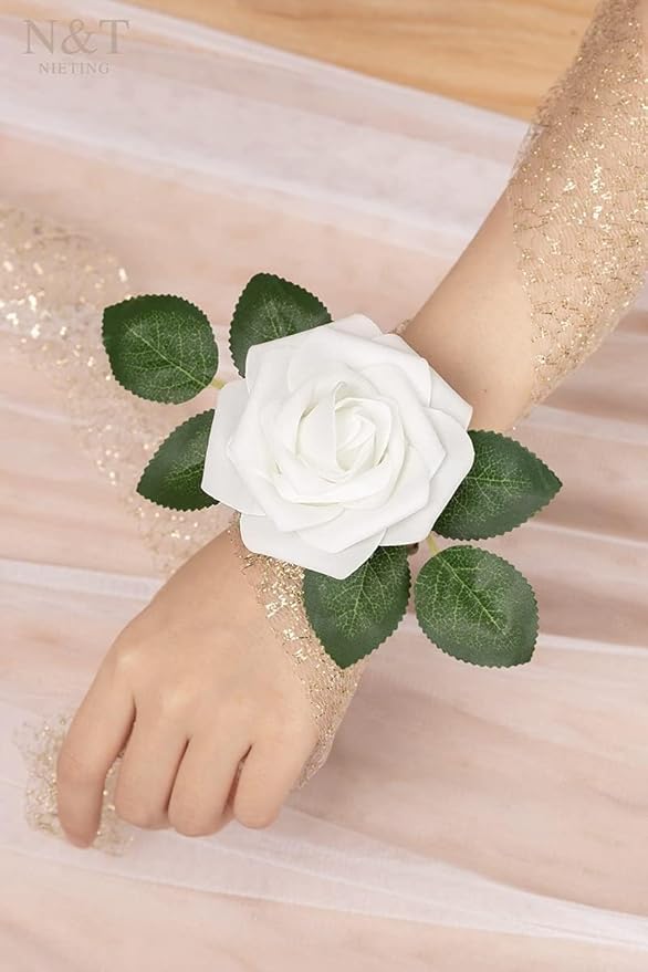 N&T NIETING Artificial Flowers, 25pcs Fake Flowers White Rose Perfect for DIY Wedding Bridesmaid Bridal Bouquets Centerpieces Home Flower Arrangement Decoration