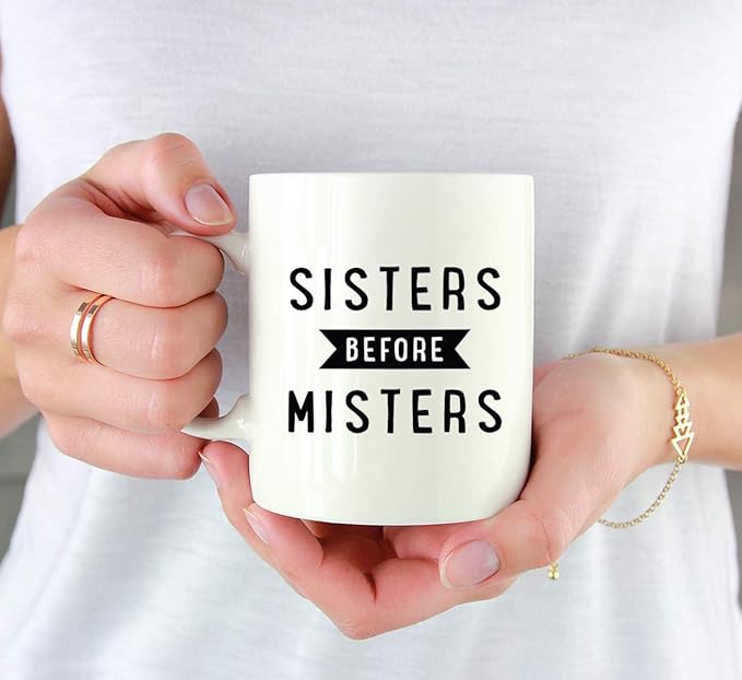 Andaz Press Valentine’s Day Funny 11oz. His Her Couples Coffee Mug Gift, Sisters Before Misters, 1-Pack, Gift Box