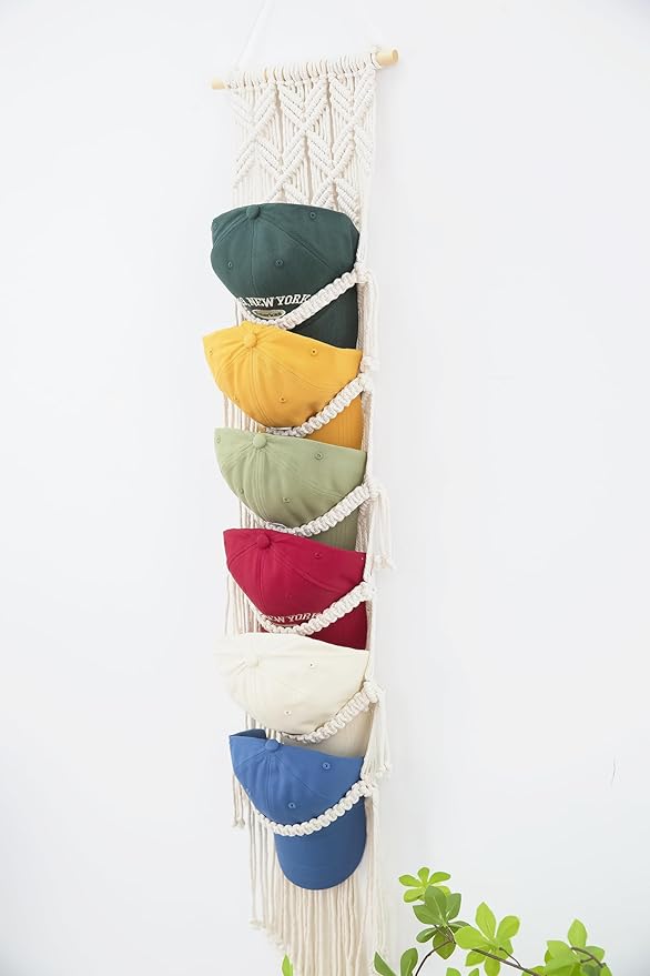 Macrame Cap Holder, Boho Hats organizer for baseball Caps, Hat Rack for Wall Hanging Decoration, Cap Rack for collection Display, Handmade Cap Hanger Storage Organizer (Six hats)