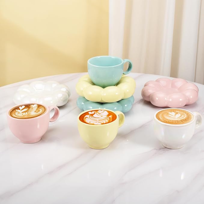 Koythin 4 Pieces Ceramic Sunflower Mug Saucer Set, Creative Cute Cup with Cloud Coaster, 6.5 oz/200 ml Aesthetic Mugs for Tea Latte Milk (White Pink Yellow Blue)