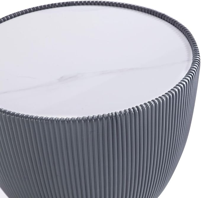 Manhattan Comfort Anderson Modern 18" Round End Table 2.0 | Ceramic Marble Tabletop, Elegant Pleated Leatherette Design & Gold Stainless Steel Base, Fully Assembled Accent Furniture, Set of 2, Grey