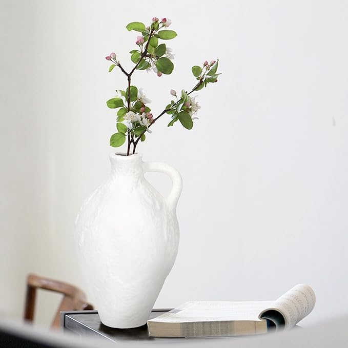 Ceramic Vase with Handles, 10.4inch Tall White Rustic Large Farmhouse Terracotta Vase for Home Boho Decor, Room Table Centerpiece, Living Room, Vintage Pottery Gifts, Bathroom