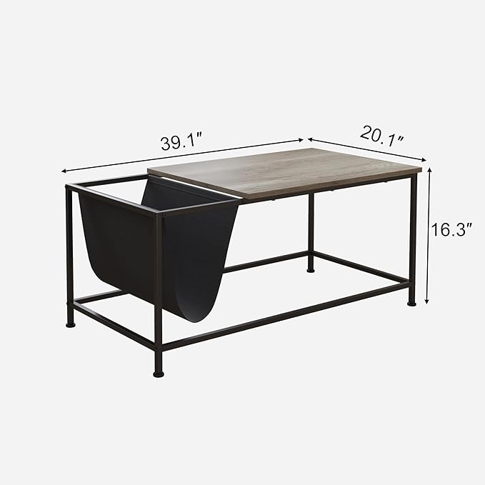 SENIG Grey Oak Rectangle Wood and Metal Coffee Table with Storage Shelf for Small Living Rooms with Pocket