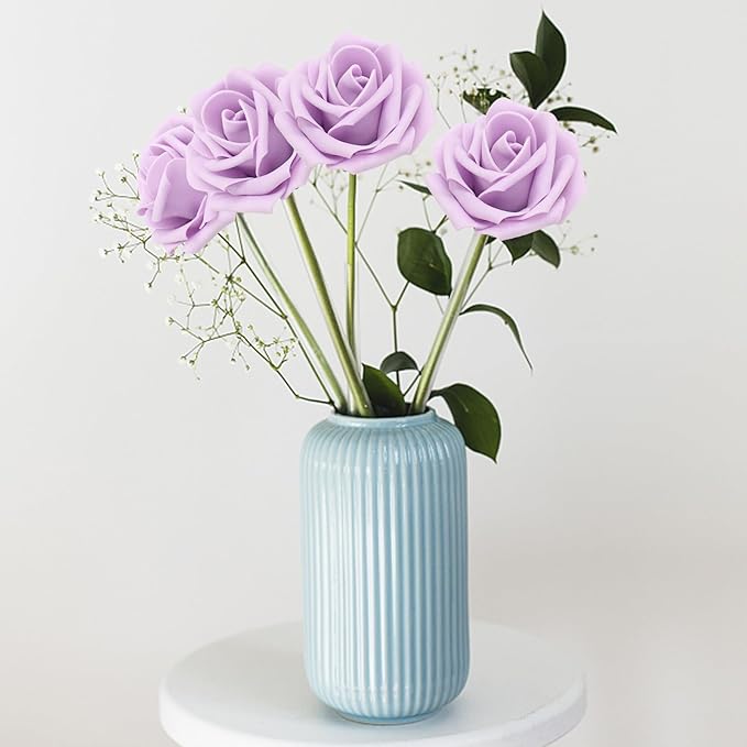 100PCS Light Purple Artificial Flowers Roses Real Looking Foam Fake Roses with Leaves for DIY Wedding Bouquets Bridal Shower Party Decorations (Lilac, 100)