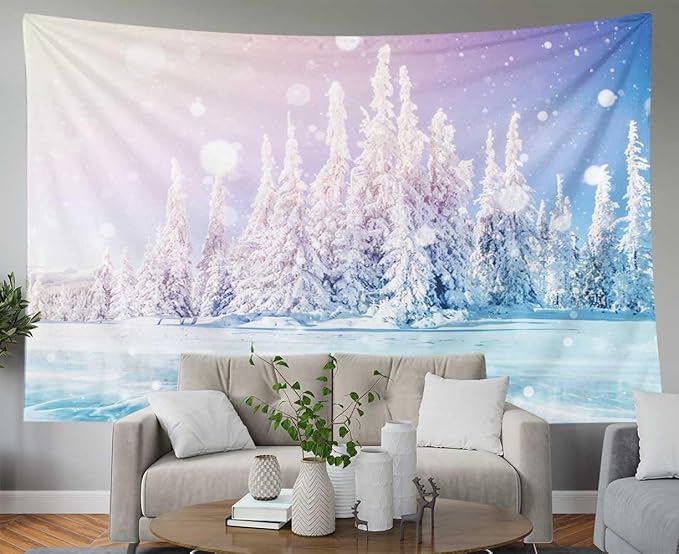 EMMTEEY Magical Forest Tapestry - Mysterious Landscape Blue Ice Lake Frozen Snow Tree Wall Hanging 92.5X70.9 Door Decor