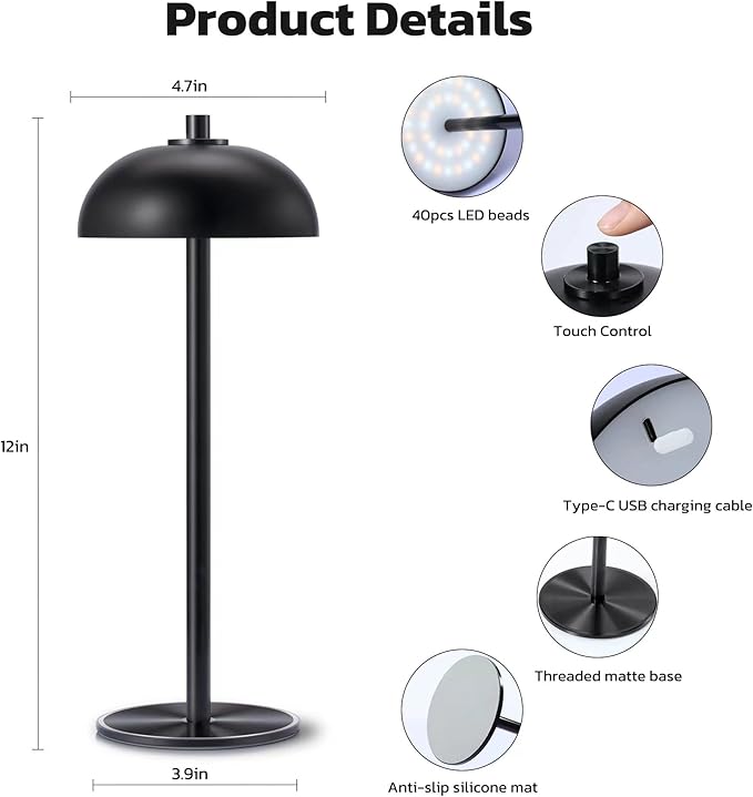 Cordless Table Lamp Rechargeable - 5000mAh Battery Powered Table Light, 3 Color Stepless Dimmable LED Table Lamp with Memory Function for Indoor, Outdoor, Dinner, Home, Restaurant.(Black)