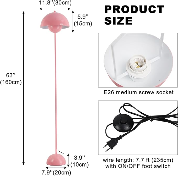 COSYLUX Modern Floor Lamp for Living Room, Industrial Tall Standing Lamp for Bedroom, Metal Shade Reflecting Light Reading Floor Lamp for Office, Nursery Room, Corner(Light Pink)