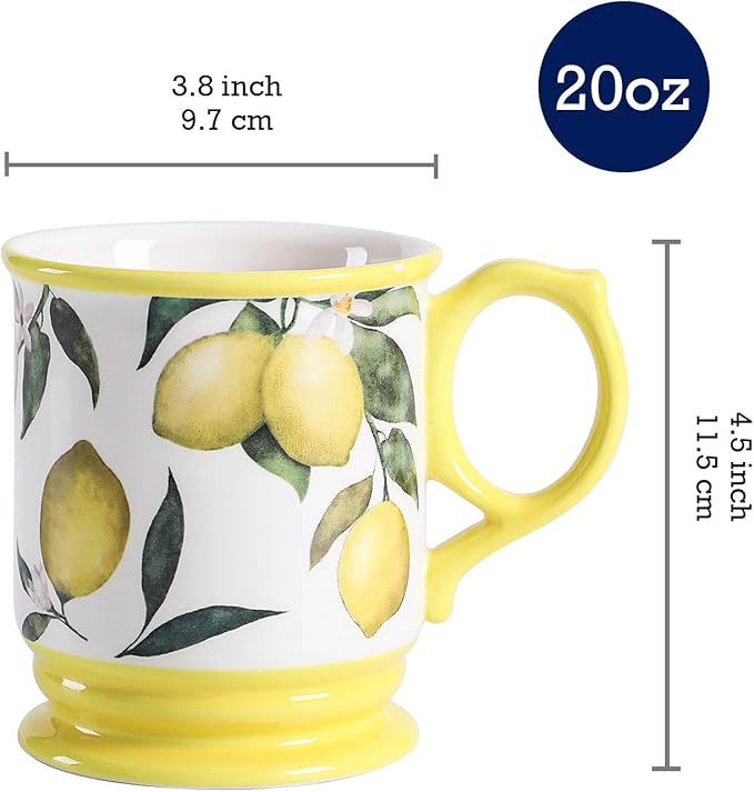 Bico Lemon Dreams Ceramic Mugs, Set of 4, for Coffee, Tea, Drinks, Microwave & Dishwasher Safe