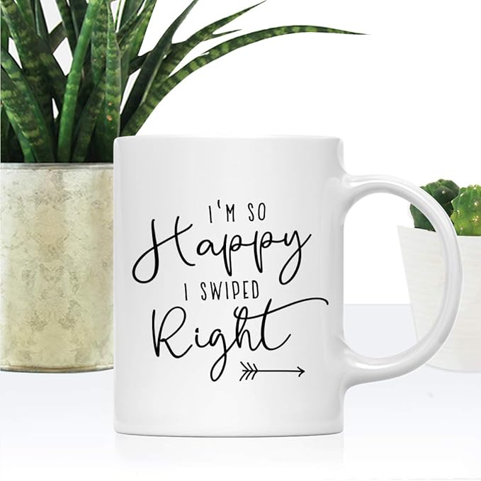 Andaz Press Valentine’s Day Funny 11oz. His Her Couples Coffee Mug Gift, I'm So Happy I Swiped Right, Arrow Graphic, 1-Pack, Gift Box