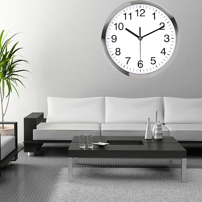 Wall Clock Metal Frame Glass Cover Non-Ticking Number Quartz Wall Clock 12inch Modern Quartz Design Decorative Indoor/Kitchen Silver