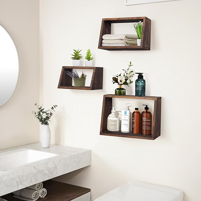 idee-home Bathroom Floating Shelves for Wall, Wood Farmhouse Decorative Wall Mounted Hanging Shelves for Kitchen Bedroom Living Room, Rustic Brown, Set of 3