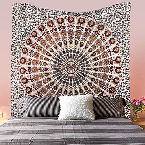 Bless International Handmade Indian hippie Bohemian Psychedelic Peacock Mandala Wall hanging College Dorm Beach Throws Table Cloth Bedding Tapestry (Orange Brown, Queen(84x90Inches)(215x230Cms))