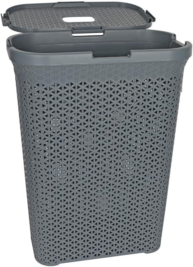 YBM Home Plastic Rattan Laundry Hamper Basket with Hinged Lid, Ventilation Holes, Durable, Lightweight Bin With Cutout Handles, Storage Dirty Clothes, Space Saver, 10.5" x 17.5" x 23.75", Grey, 6-Pack