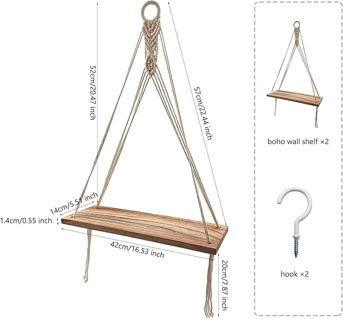 2 Pack Boho Shelf Wood Hanging Shelves Floating Wall Swing Storage Shelves Boho Wall Decor