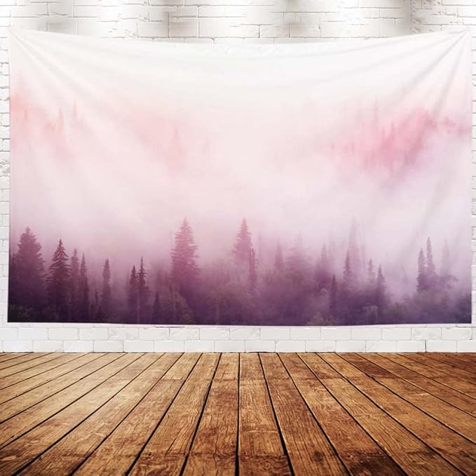 EMMTEEY Foggy Forest in the Pink Mist at Sunup - Pink Aesthetic Tapestry 92.5x70.9