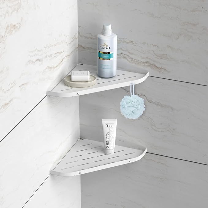 Corner Shower Shelf, 9" Corner Shower Caddy, SUS304 Stainless Steel Shower Organizer Wall Mount Corner Shelf with 2 Hooks for Bathroom, Dorm and Kitchen, Matte White (2 Pack)