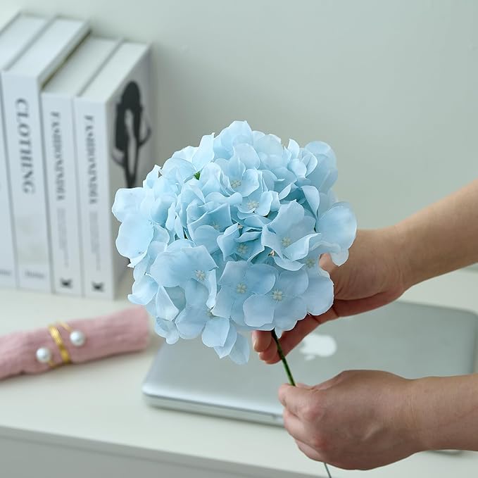 Ice Blue Hydrangea Artificial Flowers Heads Fake Silk Flowers Full Silk Flowers with Stems Wedding Home Party Shop Baby Shower Decor 10Pcs