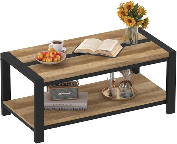 BON AUGURE Wood Coffee Table, Rectangle Coffee Tables for Living Room, Farmhouse Living Room Center Tables, Low Cocktail Tea Table with Rounded Corner (Vintage Oak, 43 Inch)