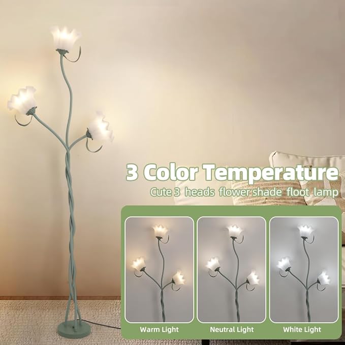 3 Heads Flower Floor Lamp, Vintage Corner Floor Lamp with Flexible Neck Shaft, Standing Lamps Tall Lamp for Home Decor,Living Room,Bedroom,Office, Lily of The Valley Lamp